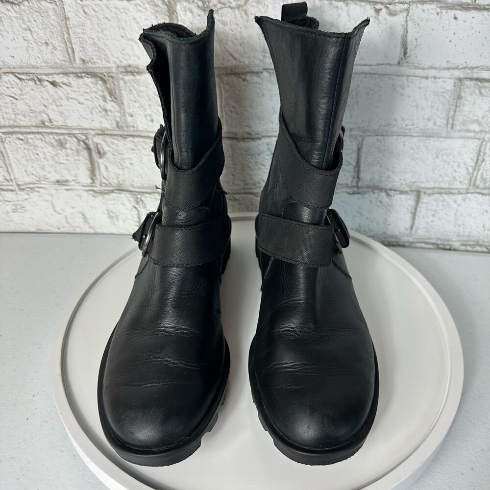 Sorel Black Boots Phoenix Moto Engineer Leather Waterproof Buckle LL3265 8.5 - Picture 3 of 12